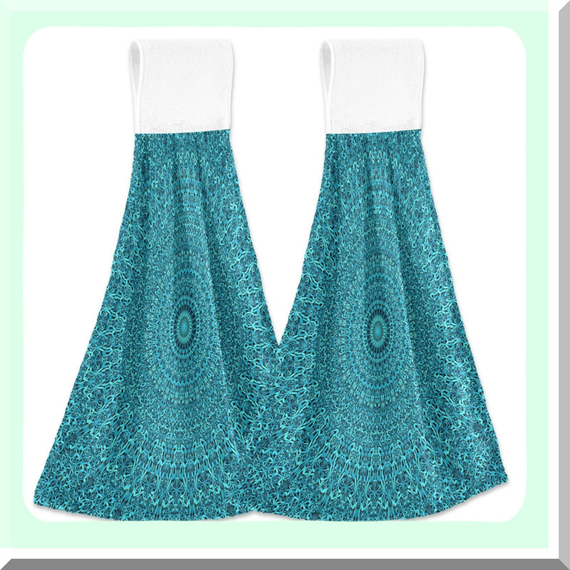 Teal Boho Flower Absorbent Kitchen Hand Towels with Hanging Loop - 2 Pack