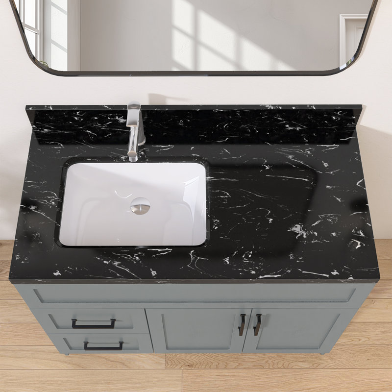 Comptoir de meuble-lavabo en pierre reconstituée de 42 po x 22 po avec lavabo gauche et comptoir de 4 po pour salle de bain en marbre noir