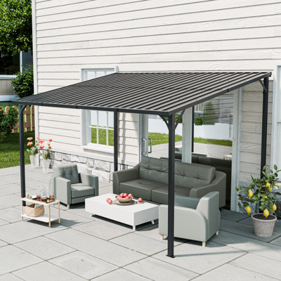 12' x 9' Outdoor Lean-to Pergola with Galvanized Steel Hardtop Roof for Backyard Gatherings and Barbecues
