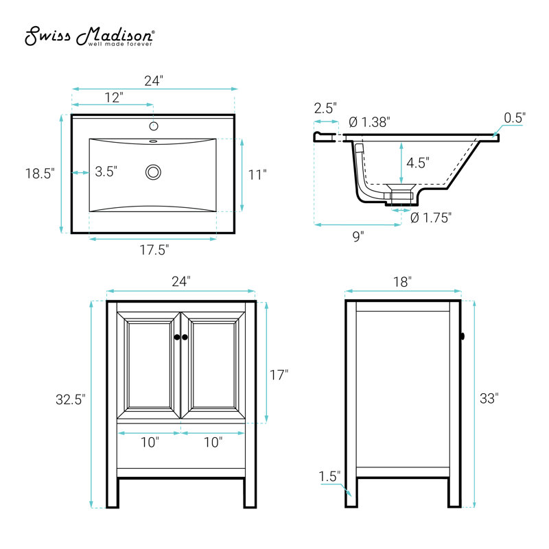 Château 24" Freestanding Bathroom Vanity Oak with Sink Top, Brown, White, Single-Hole