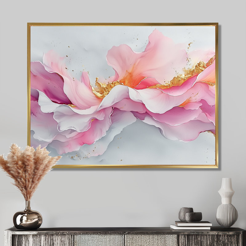 «Fluid Foundations Of Rosa Marble III», art abstrait sur toile marbrée, H 16 po x l 32 po, Floater Framed, Natural