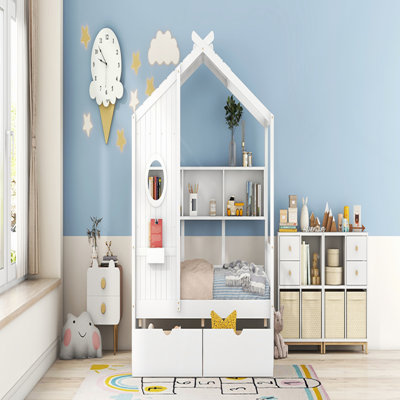 Lit simple en bois avec 2 tiroirs, lit pour enfant avec tablette de rangement et maisonnette, blanc