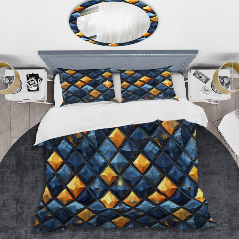 Ensemble de housse de couette moderne bleu et jaune Modern Rhombus IV, Housse de couette pour grand lit et 2 taies décor