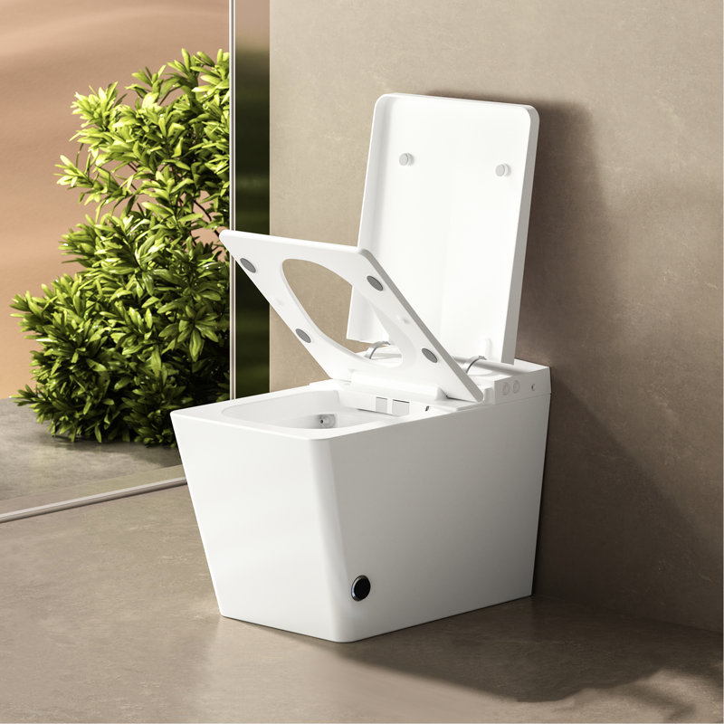 Square Built-In Tank Smart Toilet For Bathrooms - Remote Command, Auto Flush Mechanism, Heated Seat Feature, Led Panel, User Tailored Options, White Modern Bathroom With Attached Remote-Controlled,