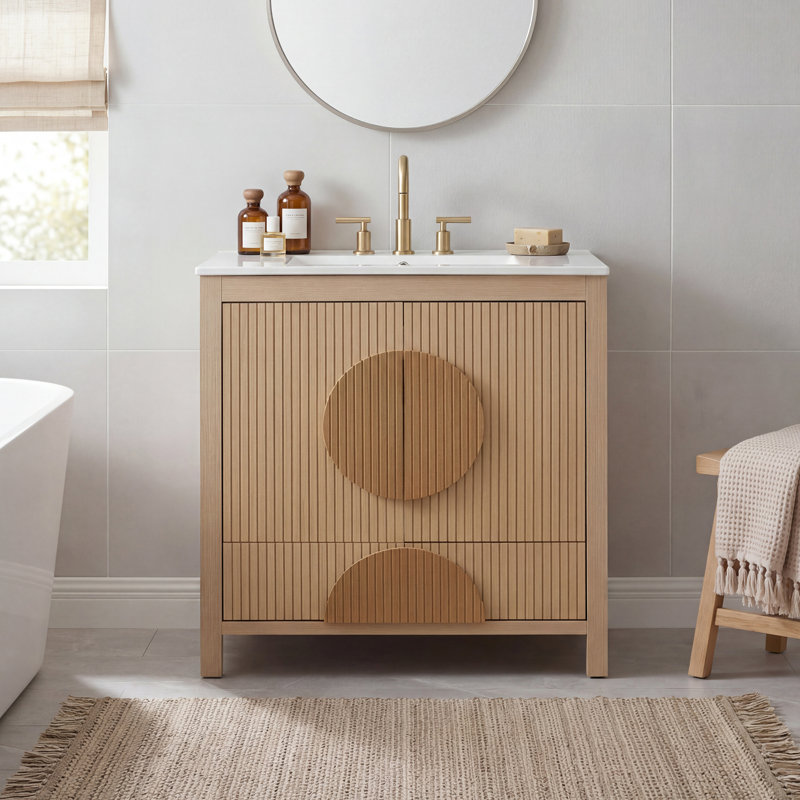 Meuble-lavabo autoportant cannelé moderne de 30 pouces avec lavabo en céramique