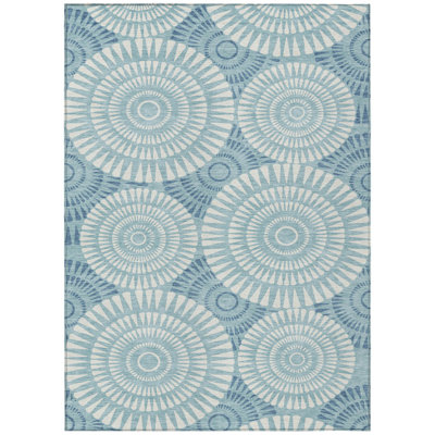 10' X 14' Teal Blue And Ivory Geometric Washable Indoor Outdoor Area Rug