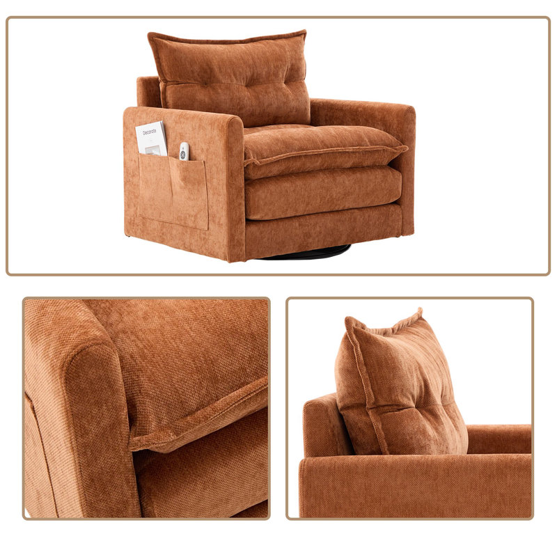 Fauteuil d'appoint pivotant à 360 ° avec poche latérale et base en métal robuste, Brun