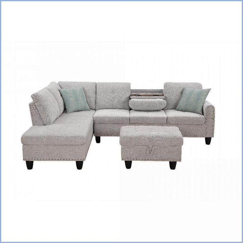 Canapé de 98 po faisant face à la gauche Chaise avec repose-pieds avec rangement - Mélange de lin gris pour petits espaces | Mélange de lin | Accoudoirs ronds | Gris