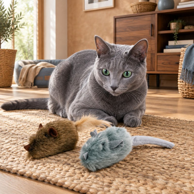 Ensemble de 2 souris réalistes en peluche avec des lianes argentées et des couineurs, jouets interactifs pour la chasse, le jeu et la mastication, idéaux pour les chats d'intérieur et pour lutter contre l'ennui.