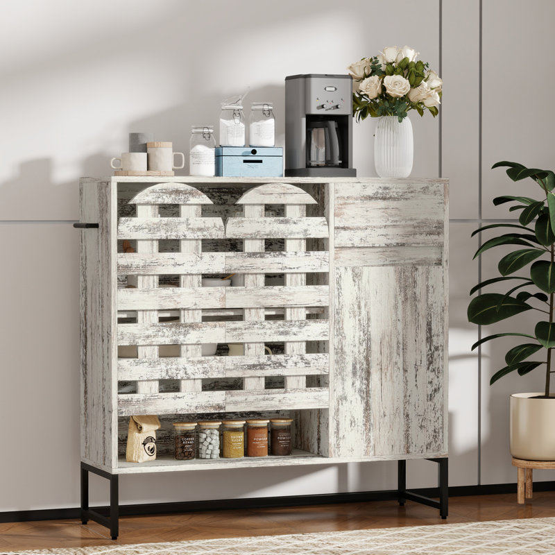 Console de bar rustique vintage de 113 cm avec portes et tiroir pour salon, cuisine - Meuble de rangement pour ustensiles de cuisine, étagères ouvertes pour chambre, blanc vieilli, grande durabilité