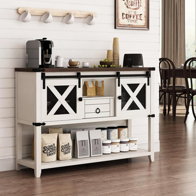 Farmhouse Entryway Table With Sliding Barn Doors And Drawer – Vintage White