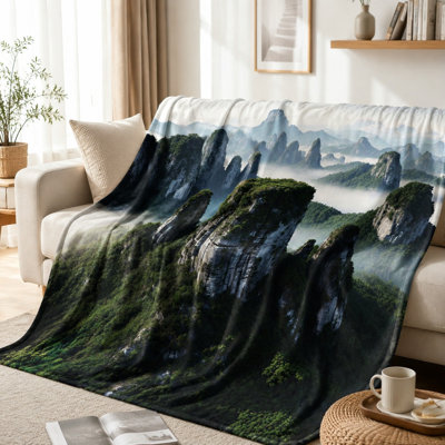 Beau paysage de montagne, motif montagneux luxuriant et serein, ultra doux, léger, respirant, toutes saisons, agréable pour la peau, lavable à la machine, décoratif, pour canapé, fauteuil, salon et chambre
