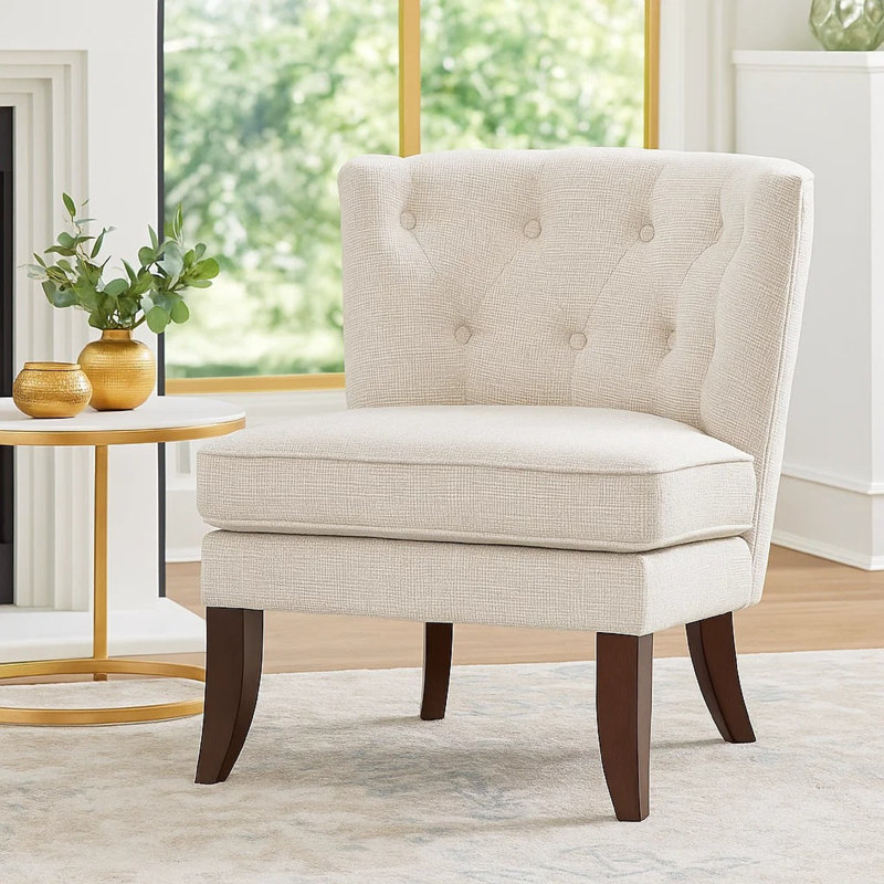 Chaise d'appoint rose, dossier à oreilles capitonné, polyester beige, pieds bruns, Beige
