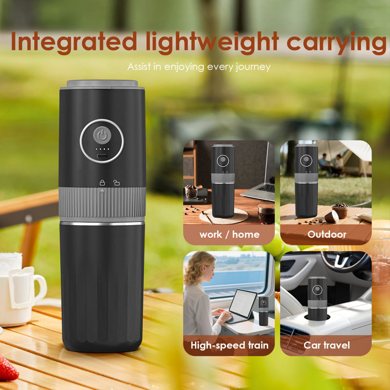 Moulin à café portatif sans fil 4-en-1 avec 9 réglages de mouture réglables, tasse à café USB-C rechargeable en acier inoxydable pour bureau de camping de voyage