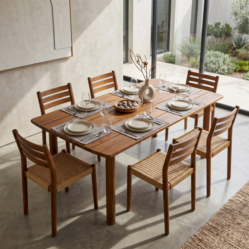 Ensemble de 2 chaises de salle à manger d'intérieur/extérieur en teck brun Bleta, avec assise tissée à la main et dossier à lattes.