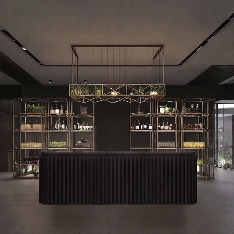 94.48-Inch Rustic Front Desk and Bar Counter with Storage and Wine Rack for Bars and Reception, Black