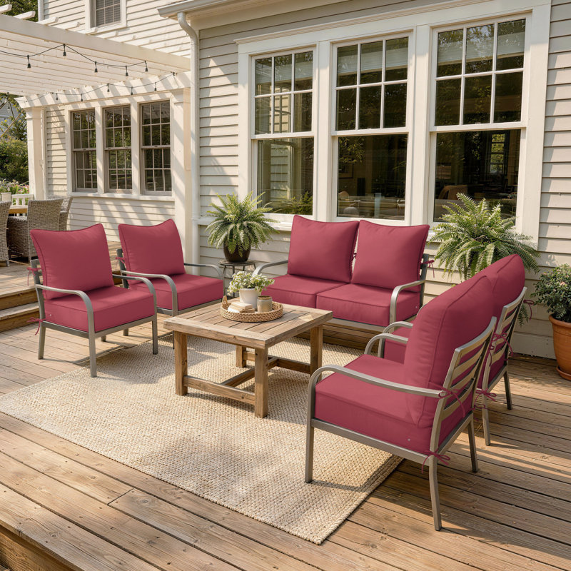 6.5″ Outdoor Replacement Cushion Set, Deep Seating Seat / Back Cushion Set，24″W x 24″ D, Set of 6, Fuchsia Red