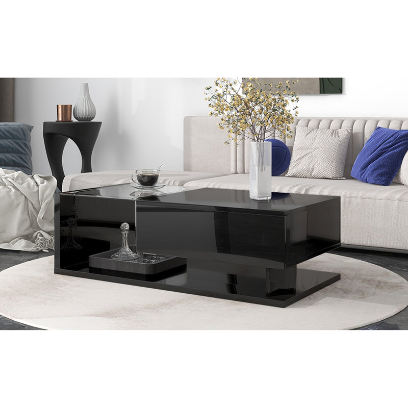 Table basse avec panneau de particules stable et verre trempé noir brillant