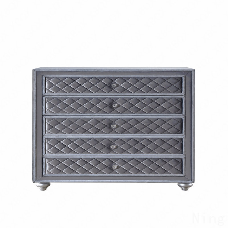 Commode à 5 tiroirs, 1 pièce capitonnée en velours avec boutons de tiroir en faux cristal