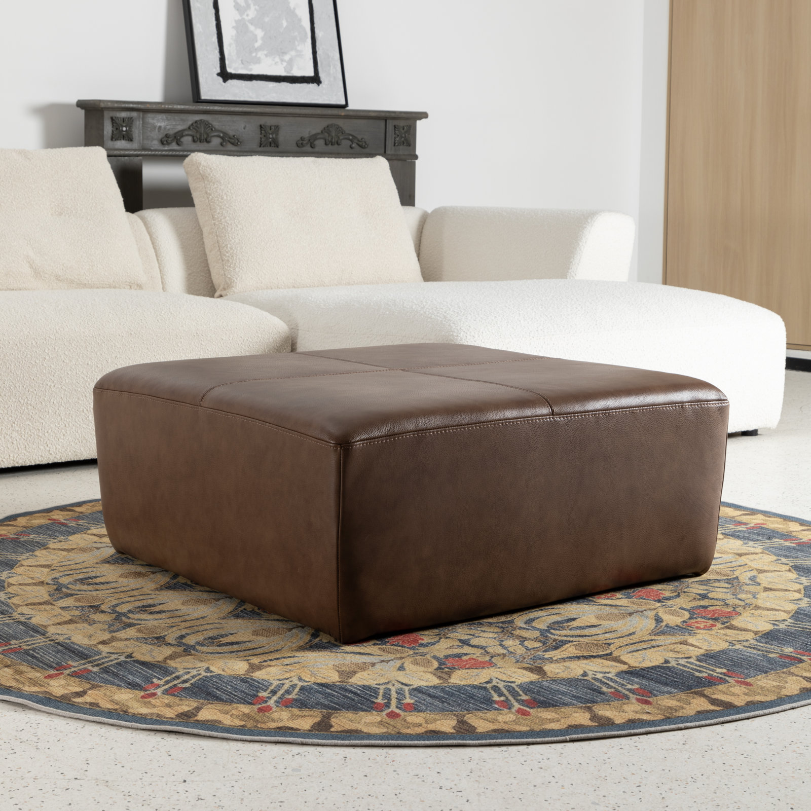 35" Genuine Leather Ottoman, Chestnut Genuine Leather