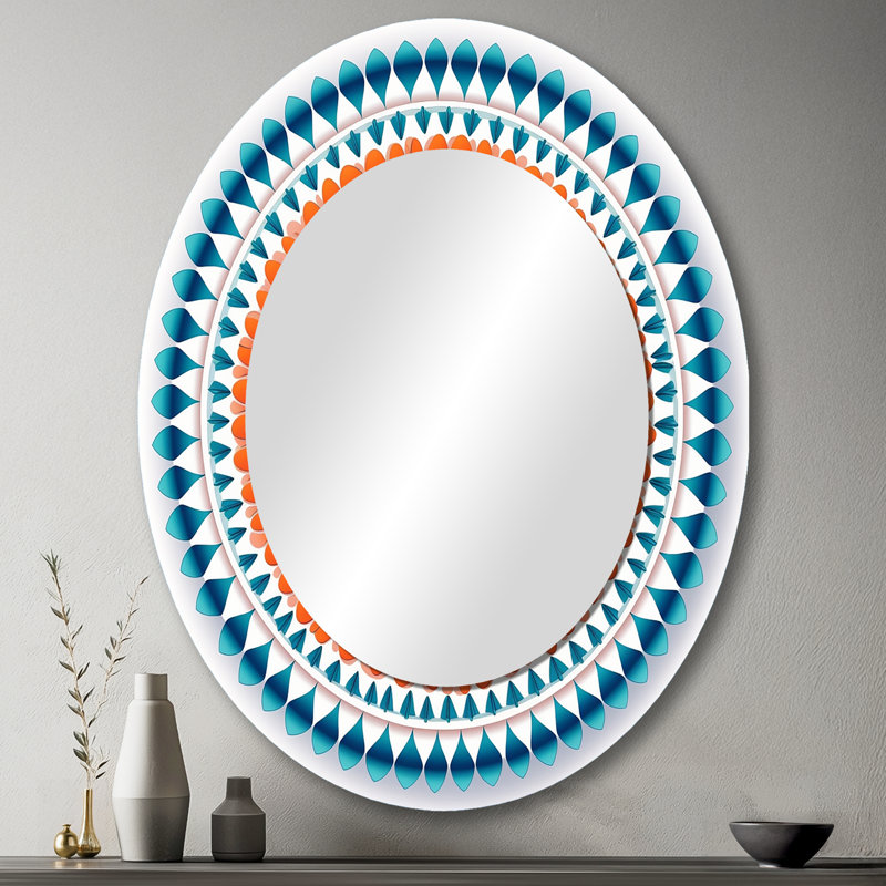 Exquisite Mandala In Retro Blue And Orange - Bohemian Oval Wall Mirror, 43" x 33"