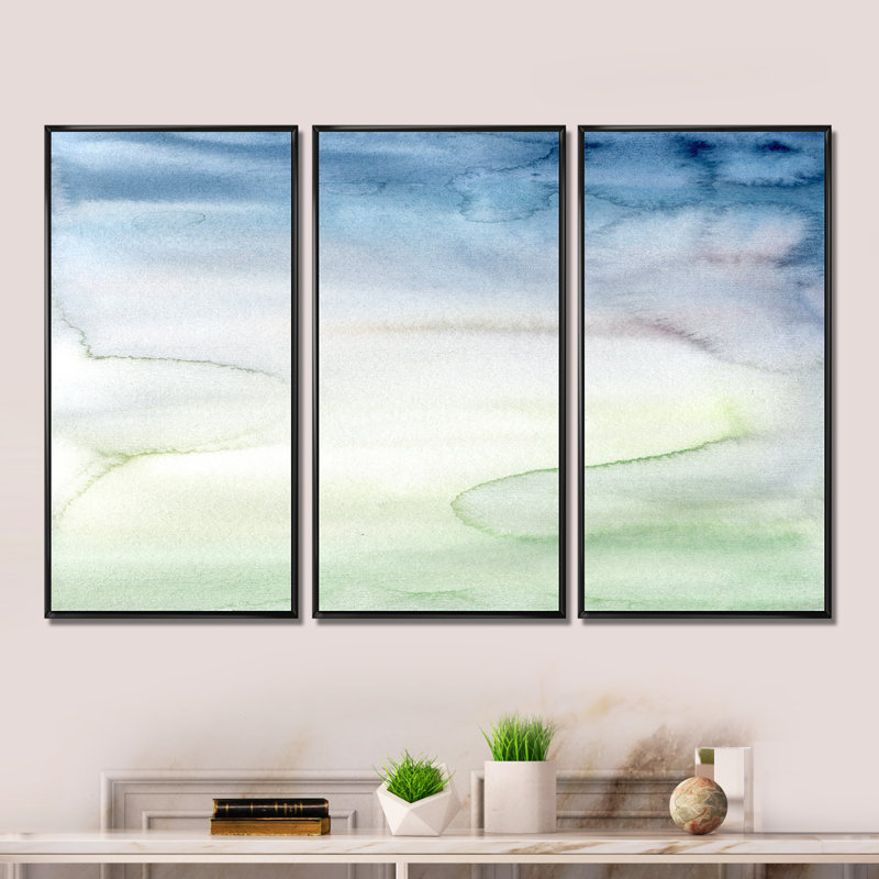 Pastel abstrait avec taches bleu foncé, vertes et blanches - ensemble d'art moderne sur toile encadrée moderne de 3, Noir