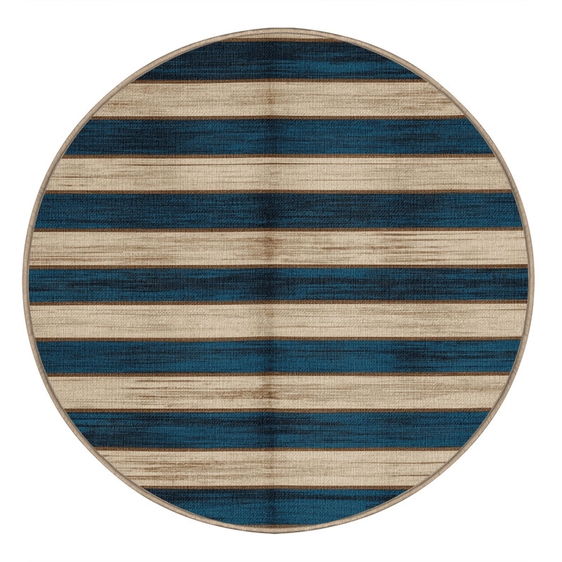 Washable Steel Blue Cream Striped Area Rug, Round 7'