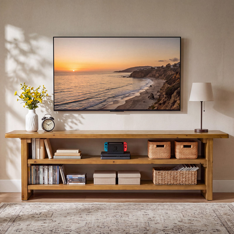 Meuble télé 63 po en bois de style campagnard, console multimédia ouverte pour téléviseurs de 60 po ou moins