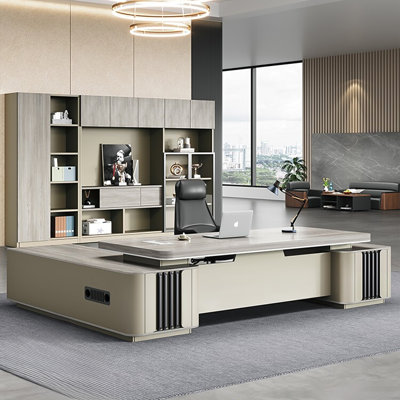 Bureau de direction de luxe léger de 260 cm (102,36 po) – Panneaux de particules de bois massif avec plateau élargi, caisson latéral allongé, boîte de gestion des câbles et tiroirs silencieux, caisson latéral réversible, bureau de direction grande capacité
