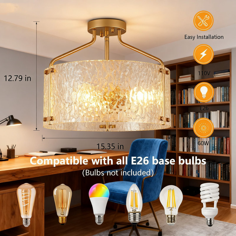 Semi Flush Mount Ceiling Light Fixture With Water Ripple Glass Shade, 3-Light Drum Chandelier For Entryway, Living Room, Bedroom, Hallway