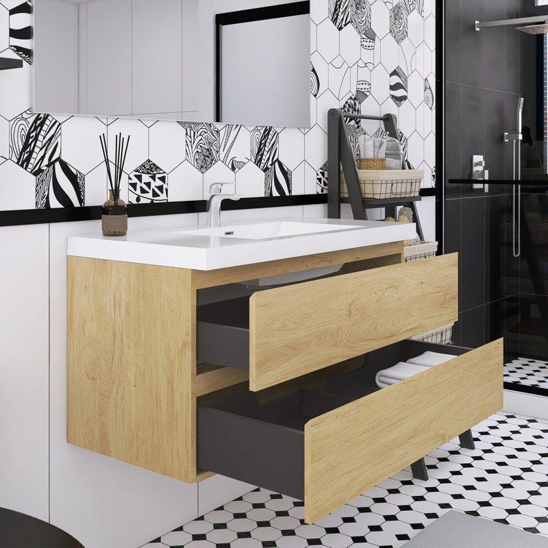 Meuble-lavabo mural simple avec plateau en résine, 42", Chêne naturel