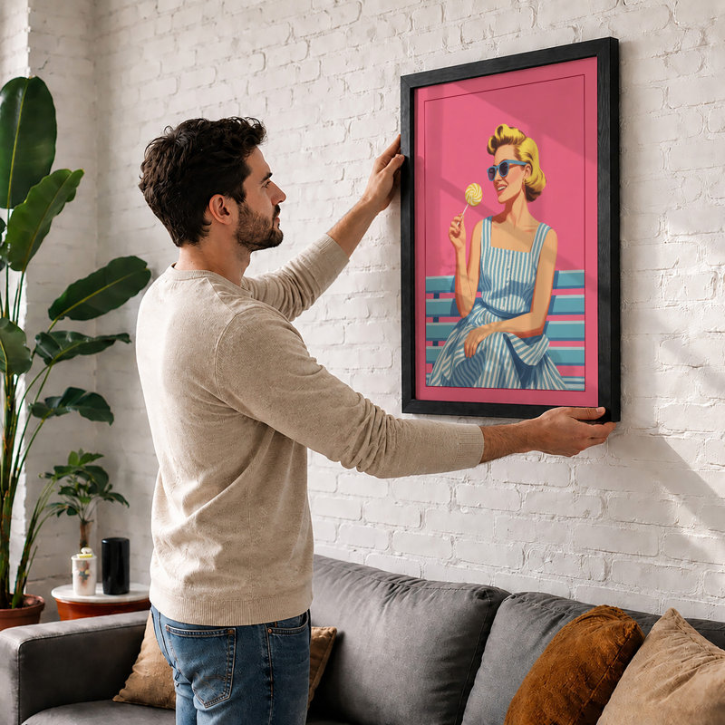 Woman with Lollipop Retro - Framed Print, A1 - 84.1 x 59.4 cm, Black