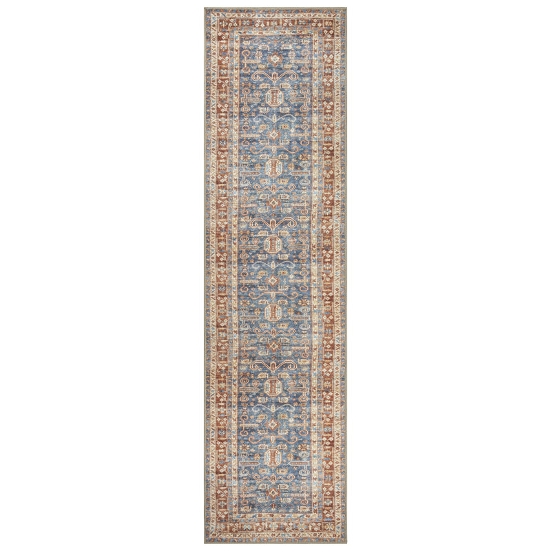 GLN Rugs Traditional Collection - Machine Washable Area Rug, Traditional Washable Rug, Non Slip Washable Rug, Low Pile Chenille Living Room Rug, Bedroom Rug, Kitchen Rug (Terra and Blue Rug)