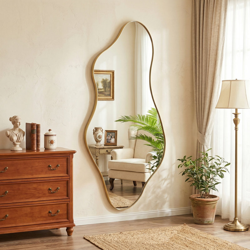 Miroir mural moderne asymétrique pleine longueur avec cadre en métal, 62 po x 29 po, 62 po x 29 po, Gold 