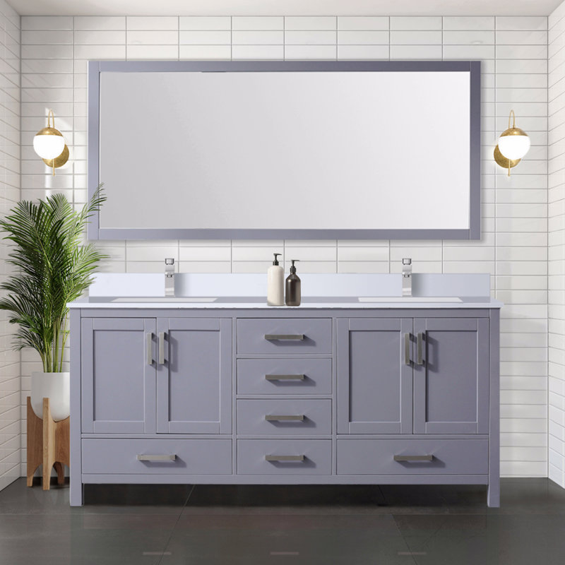 Meuble-lavabo double 72 po X P 22 po D, dessus en quartz blanc et ensemble de robinet, Gris
