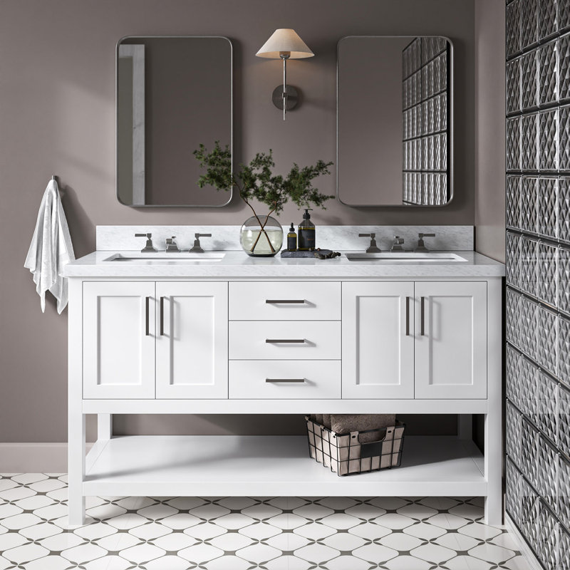 Meuble-lavabo double 61 po Magnolia, Blanc, Marbre blanc de Carrare, Rectangulaire