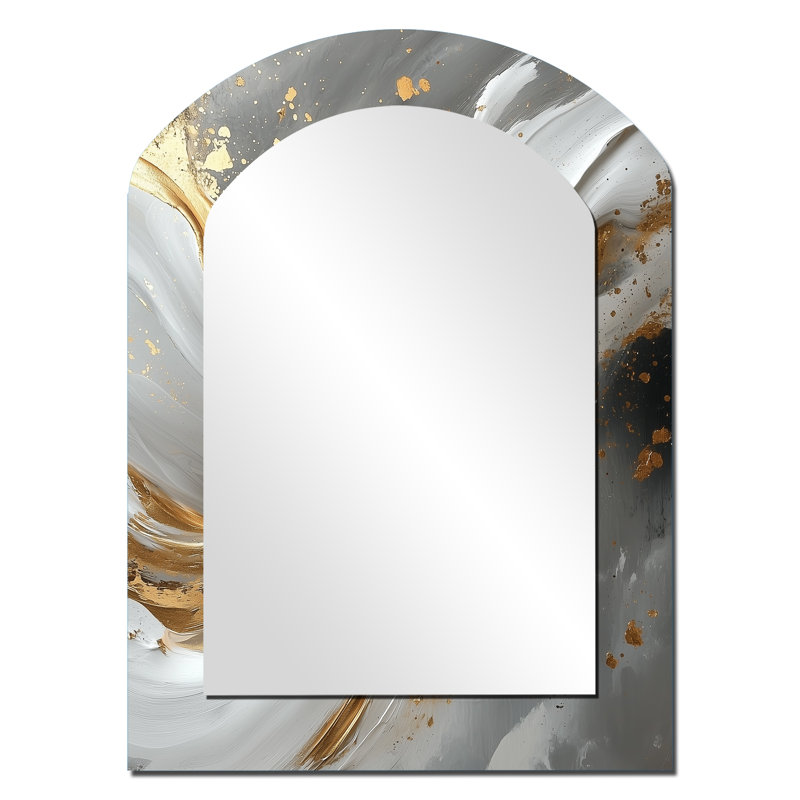 Abstract Marble In Grey And Gold Tones II - Marble Asymmetrical Decorative Mirror, Modern Arch Wall Mirror, Printed Metal Art