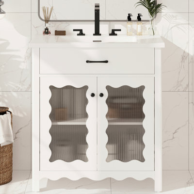 Meuble-lavabo de 31 po avec verre trempé, fonction de fermeture en douceur et tablettes réglables pour un meuble-lavabo intégré moderne personnalisable de 31 po, charnières à rayures verticales agréables
