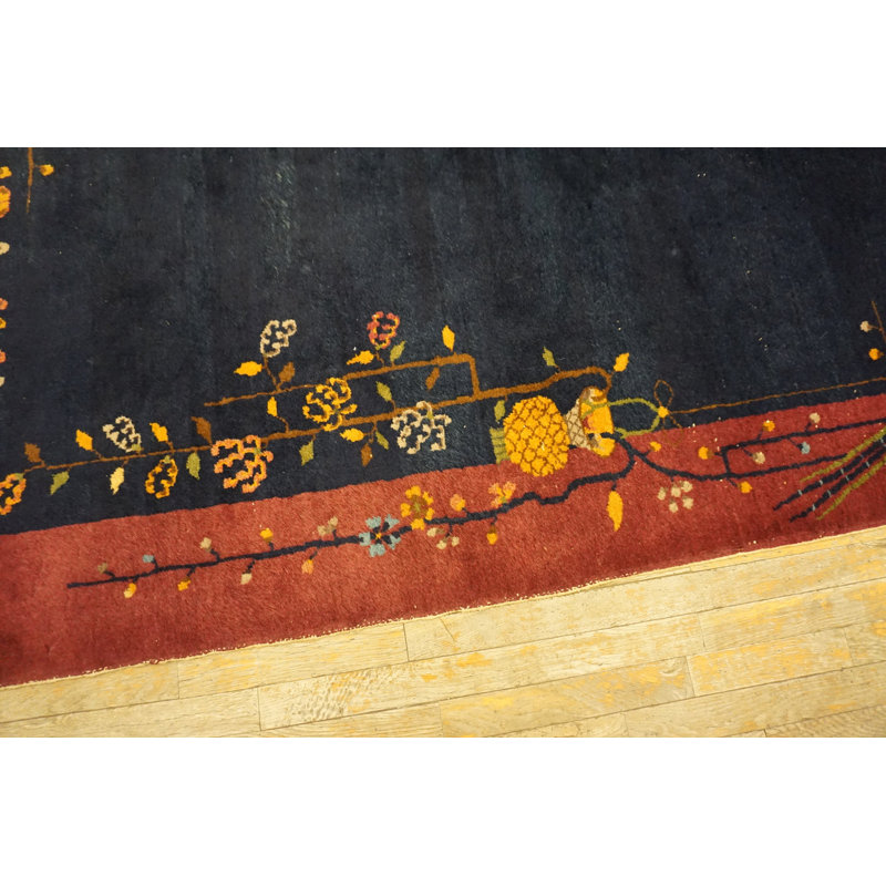 Minimalist Bird Pattern Antique Art Deco Chinese Wool Pile Blue Rug