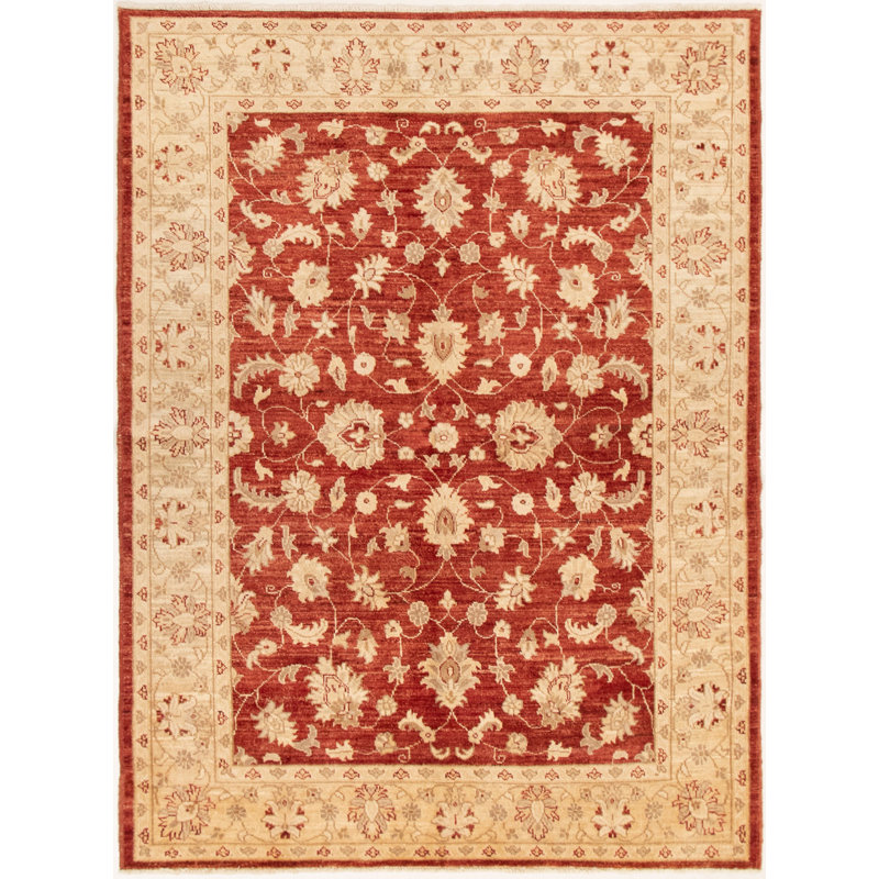 Tapis rouge foncé / crème en laine noué à la main de conception unique 5 pi x 6 pi 9 po Blodgett
