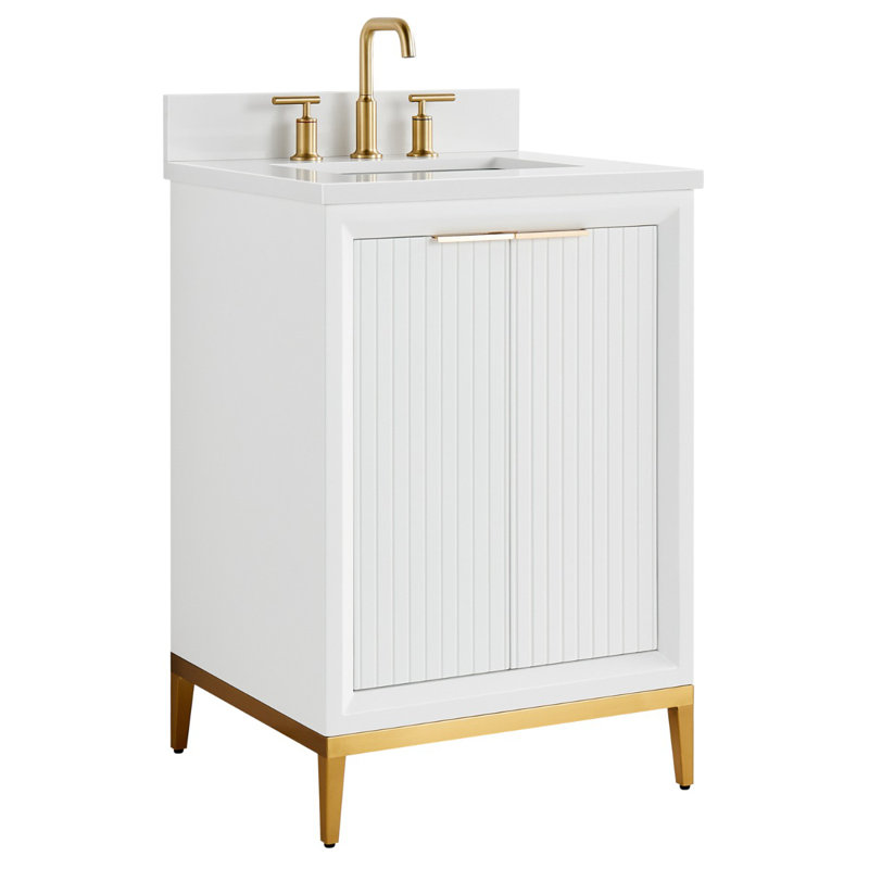Ensemble de meuble-lavabo simple 24 po avec plateau en quartz blanc Traverse, Blanc / Blanc