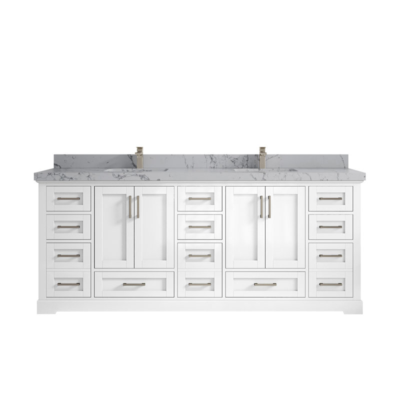 Eser 84'' Double Bathroom Vanity with Top, White, Venatino Quartz
