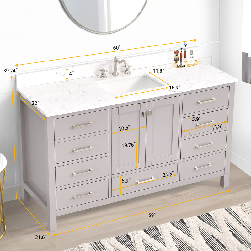 Zenith 60'' Single Bathroom Vanity With Engineered Stone Top, Brushed Nickel, Gray
