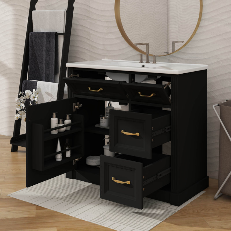 Meuble-lavabo contemporain 36 po avec lavabo en céramique 36 po - 4 tiroirs, porte à fermeture silencieuse et tablette réglable