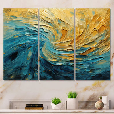 «Golden Ocean Swirling Waves», peinture 3 pièces