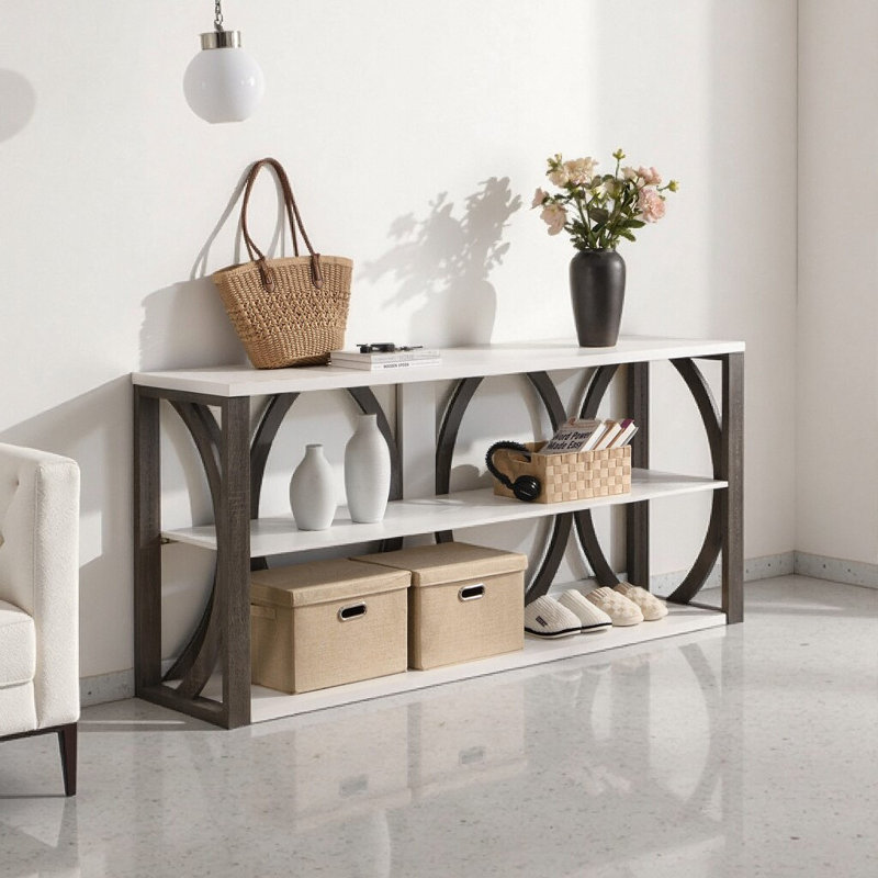 Table de rangement étroite blanche industrielle avec 3 tablettes ouvertes - 71 po de long pour le hall d'entrée, le couloir, le salon et le bureau