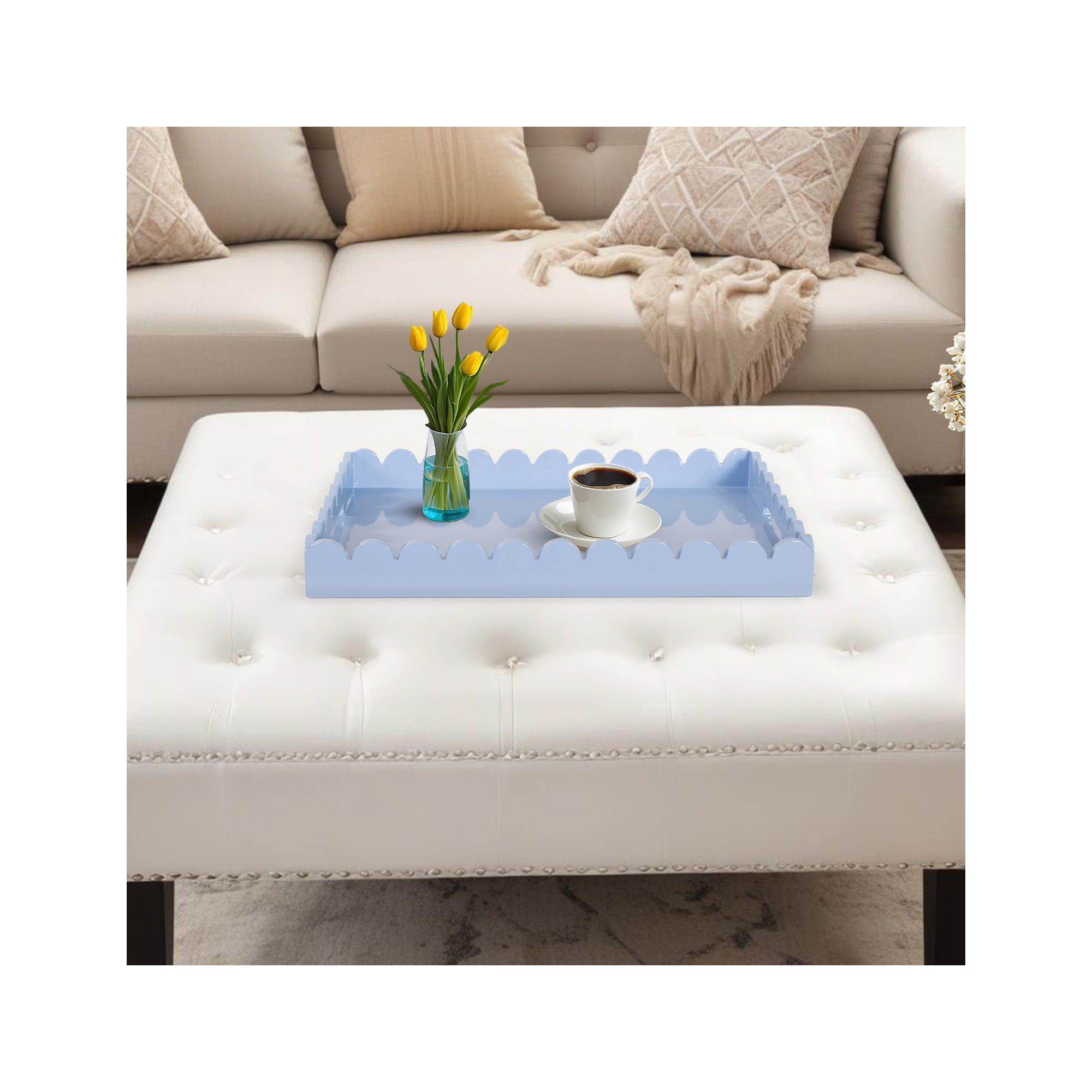 Hindley Hand-Crafted Rectangular Scalloped Wood Tray, Light Blue