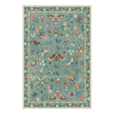 Animal and Insect Washable Floor Mat - Non-Slip Area Rug Non Slip Green Area Rug Low Pile Stain Resistant Throw Carpet for Dining Room