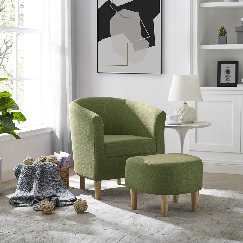 Upholstered 27" Wide Barrel Chair with Ottoman, Green Linen Blend