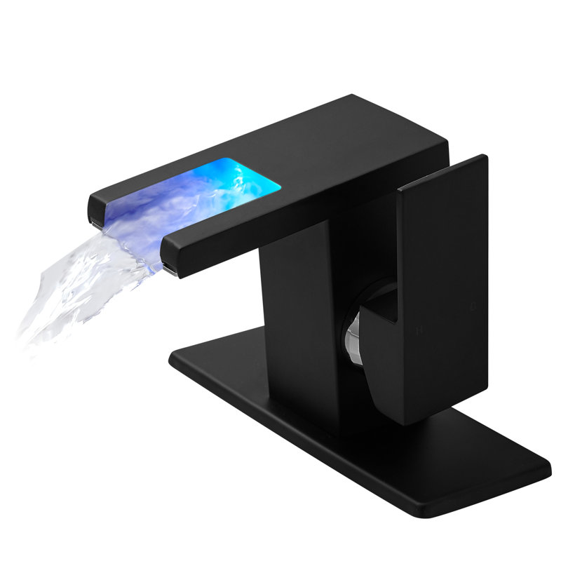 Led Lighted Bathroom Sink Faucet, 3 Colors Changing Waterfall Spout, One Hole Deck Mounted, Hot Cold Water, Black Tap, Changing, Single Handle, Water Mixer, Finish